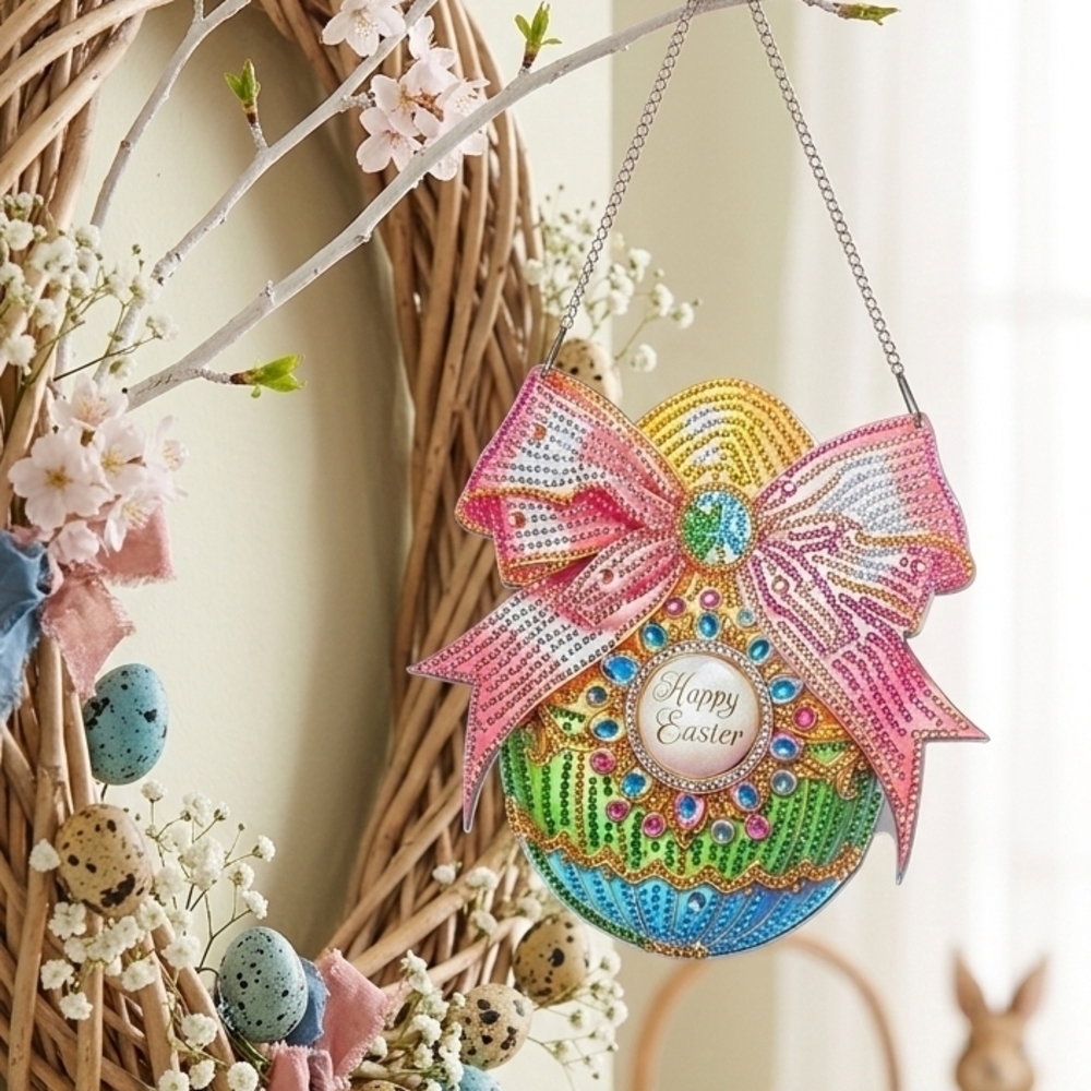 Sparkling Pink Bow Easter Egg Ornament - Happy Easter Hanging Decor